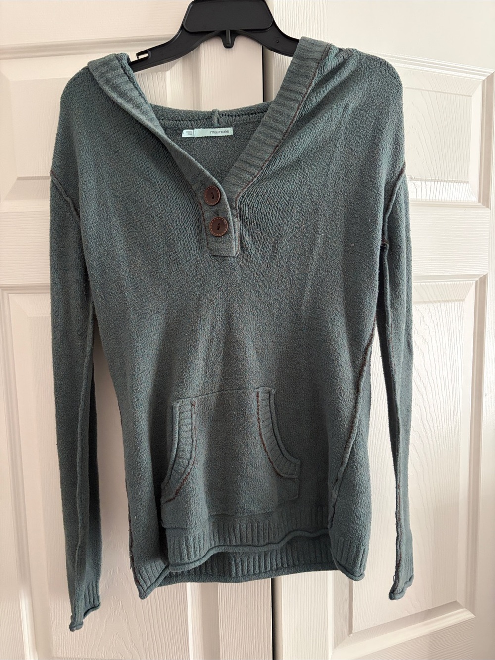 Maurices Teal Hooded Crewneck Sweater with Button Placket